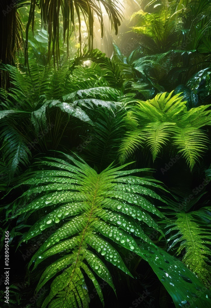 Fototapeta premium lush green rainforest foliage adorned shimmering water droplets reflecting sunlight vibrant natural setting, leaves, greenery, nature, tropical, plants, bokeh