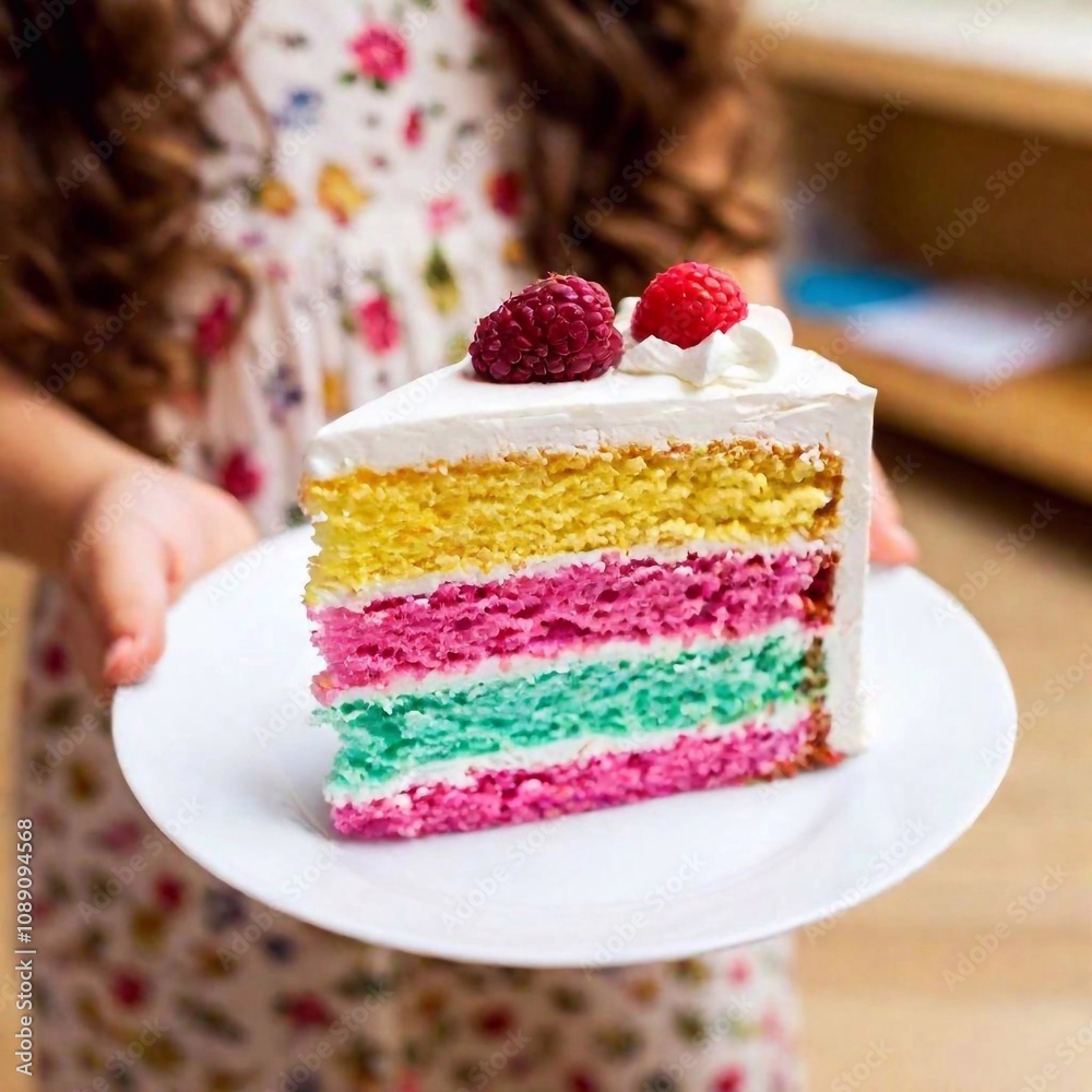 A close-up shot of a child holding a slice of colorful birthday cake, with the cake and child's hands in sharp focus and the background softly blurred, highlighting the excitement and joy of the momen A close-up shot of a child holding a slice of colorful birthday cake, with the cake and child's hands in sharp focus and the background softly blurred, highlighting the excitement and joy of the momen