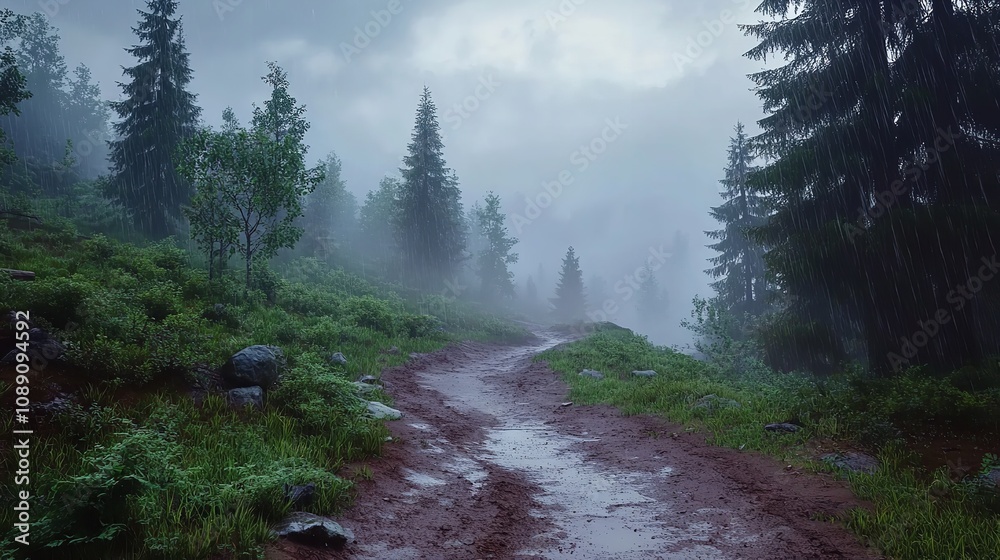 A mountain trail during a rainstorm with raindrops falling and mist enveloping the surroundings