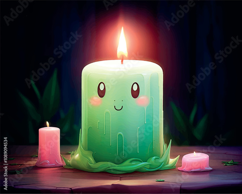 Fairytale cartoon 3D character candle, glow in the dark. Lamp, night light, candle, lamp or children's toy. Cartoon burning wax candle.	