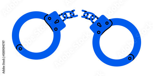 Hand drawn cute cartoon illustration of broken handcuffs. Flat vector freedom concept in doodle style. Slavery or habit liberation icon or print. Justice and law. Metal chain. Break free. Isolated.