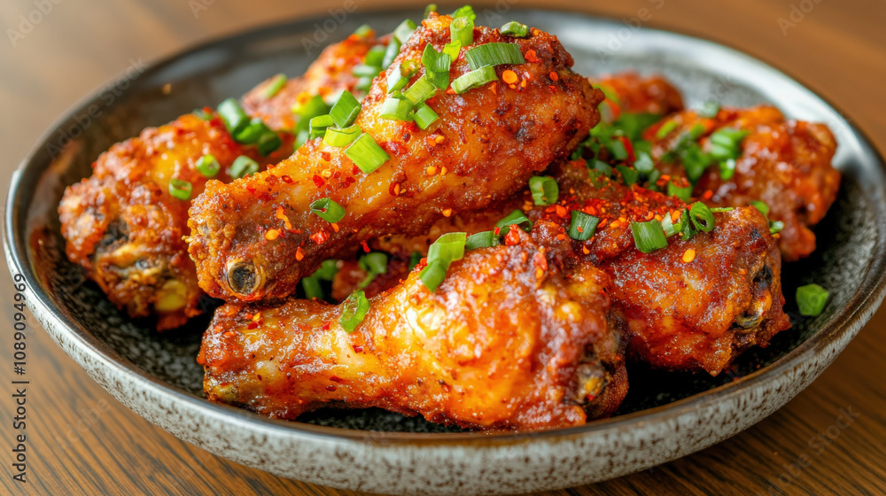 Spicy fried chicken drumsticks coated with chili flakes and green onions, served on black plate. delicious and flavorful dish perfect for gatherings Spicy fried chicken drumsticks coated with chili flakes and green onions, served on black plate. delicious and flavorful dish perfect for gatherings