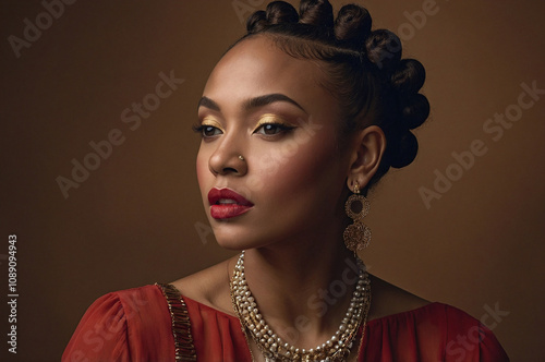 Elegant Portrait of Woman with Bantu Knots and Gold Jewelry on Warm Background