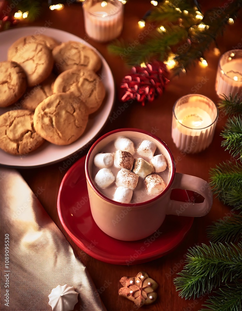 Cozy flat lay of hot cocoa topped with marshmallows surrounded by cookies and festive decorations. Generative AI Cozy flat lay of hot cocoa topped with marshmallows surrounded by cookies and festive decorations. Generative AI