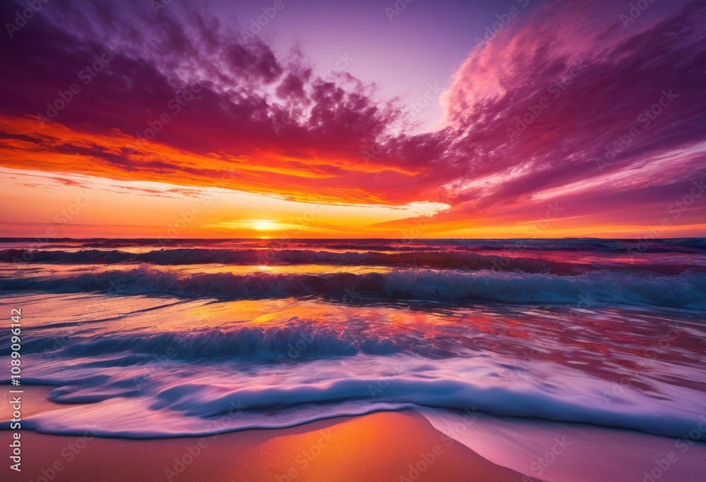 stunning beach sunset showcasing vibrant color palette fiery soft deep tranquil blues reflected gentle waves, orange, pink, purple, horizon, sky, clouds stunning beach sunset showcasing vibrant color palette fiery soft deep tranquil blues reflected gentle waves, orange, pink, purple, horizon, sky, clouds