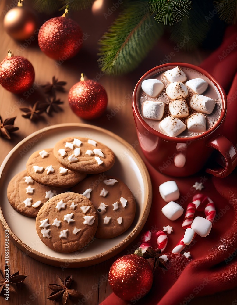 Fototapeta premium Delightful holiday flat lay featuring cozy hot cocoa with marshmallows and festive cookies on a wooden table. Generative AI