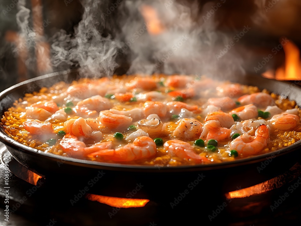 A steaming paella with shrimp and peas, cooked over an open flame. A steaming paella with shrimp and peas, cooked over an open flame.