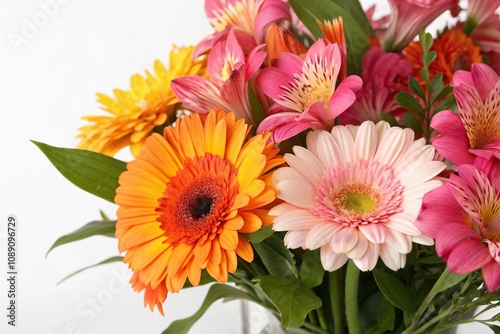 Vibrant gerbera daisies and alstroemeria, playful bouquet, bright colors