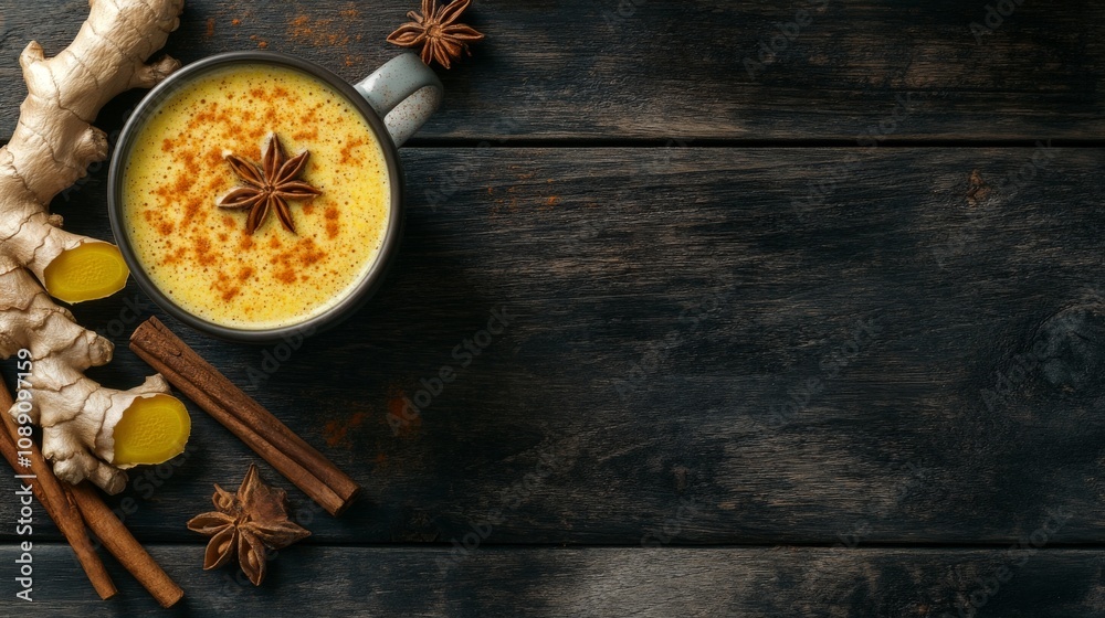 Warm ginger turmeric latte with spices on rustic wooden table