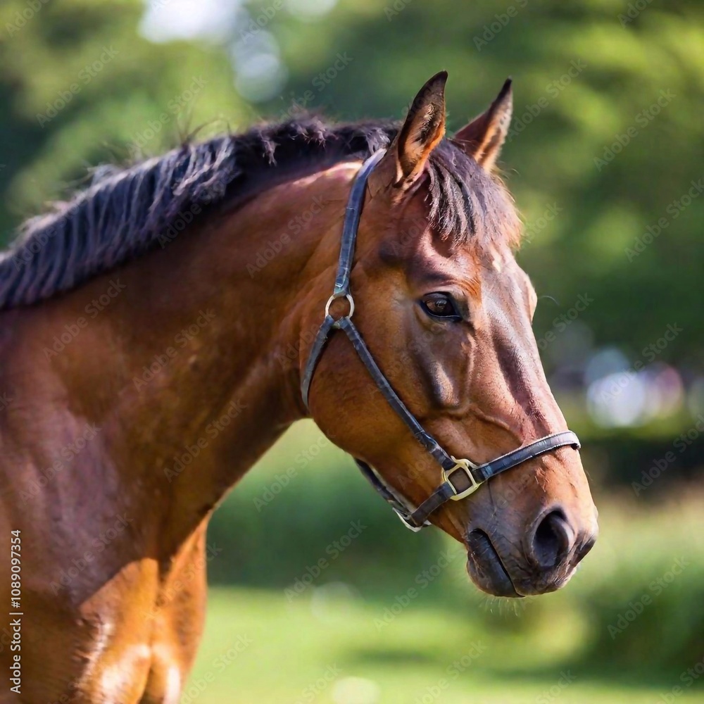 brown horse portrait in the green grass brown horse portrait in the green grass
