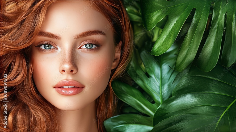 Redhead Woman with Green Leaves - Portrait of Beauty Redhead Woman with Green Leaves - Portrait of Beauty
