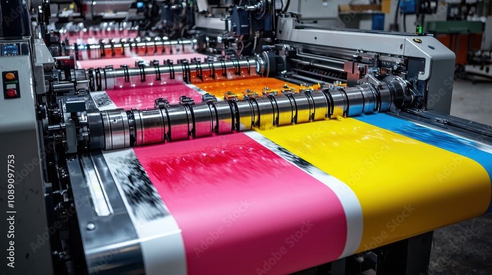 A vibrant printing press showcasing colorful ink rolls and machinery in action, highlighting modern printing technology and processes.