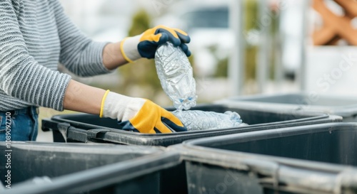 Person sorting plastic bottles for recycling in outdoor bins with protective gloves