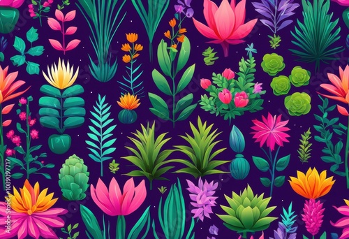 vibrant collection assorted plant life icons showcasing diverse flora including foliage bold colors unique shapes, plants, herbs, succulents, greenery