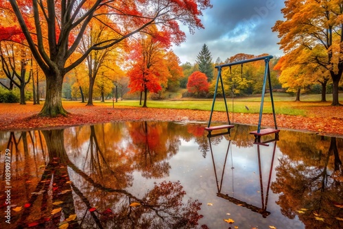 Aerial View of an Abandoned Swing Surrounded by Colorful Autumn Leaves in a Rainy Park Setting, Evoking Melancholy and Nostalgia in Nature's Beauty photo