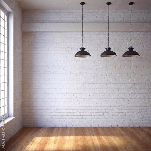 A high-resolution ultrarealistic image showcasing an empty minimalist interior. The digital artwork features a white brick wall backdrop, slightly weathered to reveal character and texture. The foregr photo