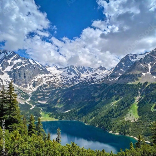 A high-resolution ultrarealistic photo depicts a breathtaking landscape featuring a vibrant, green valley with pristine lakes at its center. Framing the foreground are lush green vegetation and delica photo