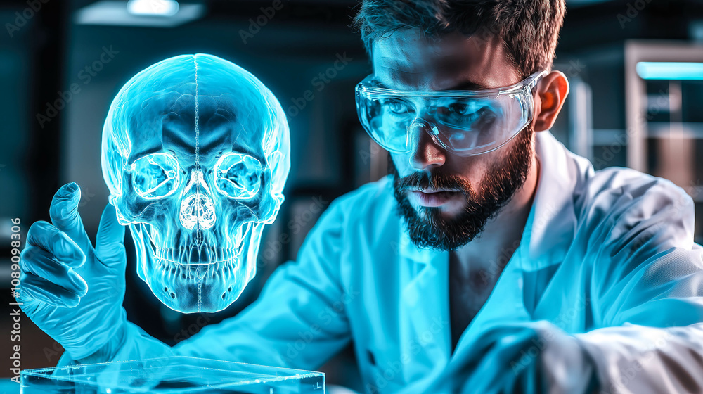 A scientist analyzes the hologram of a human skull. The concept of advanced technology in medical research, emphasizing innovation in anatomy studies and scientific discovery. Generative AI. A scientist analyzes the hologram of a human skull. The concept of advanced technology in medical research, emphasizing innovation in anatomy studies and scientific discovery. Generative AI.