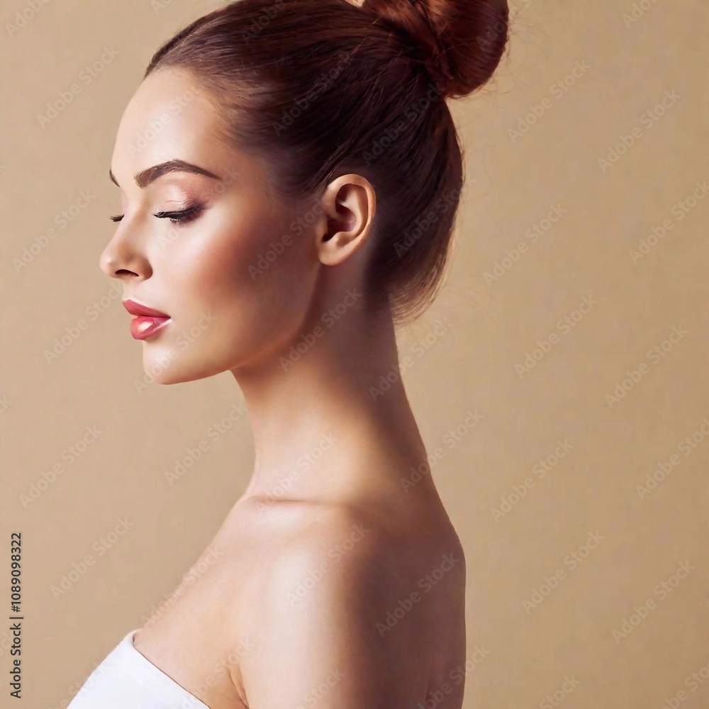 A high-resolution ultrarealistic image capturing a serene, close-up profile of a woman. This photograph features a woman with fair skin and red hair elegantly styled into a bun. She has closed eyes an A high-resolution ultrarealistic image capturing a serene, close-up profile of a woman. This photograph features a woman with fair skin and red hair elegantly styled into a bun. She has closed eyes an