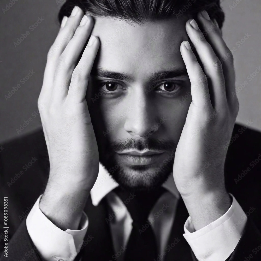 A high-resolution ultrarealistic image in black and white photography style features a distressed man wearing a finely tailored suit with a patterned tie. The subject holds his head with both hands, c A high-resolution ultrarealistic image in black and white photography style features a distressed man wearing a finely tailored suit with a patterned tie. The subject holds his head with both hands, c
