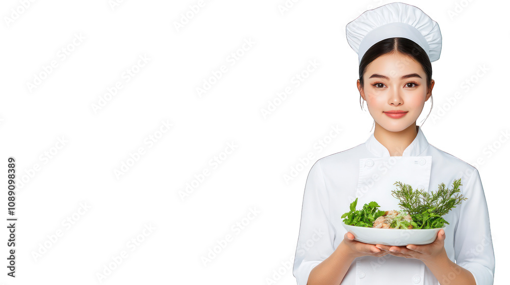 Chef presenting a dish with fresh herbs and vegetables. Transparent background. Chef presenting a dish with fresh herbs and vegetables. Transparent background.