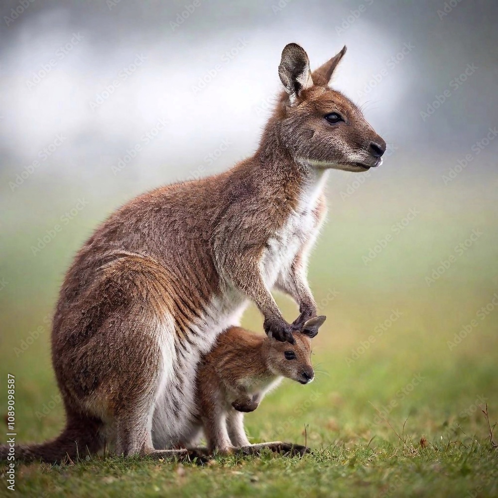 A high-resolution ultrarealistic image of a kangaroo and a joey captured in a digital photograph. The kangaroo stands upright with an alert expression, its muscular build and coarse brown fur clearly A high-resolution ultrarealistic image of a kangaroo and a joey captured in a digital photograph. The kangaroo stands upright with an alert expression, its muscular build and coarse brown fur clearly