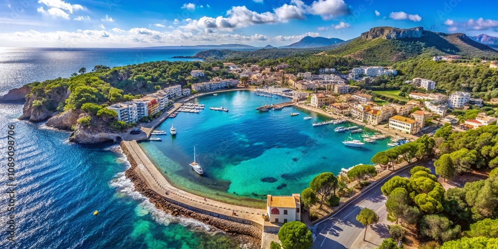 Obraz premium Aerial View of Cala Ratjada: A Stunning Tourist Destination in Majorca Showcasing Crystal Clear Waters, Charming Architecture, and Picturesque Coastal Landscapes