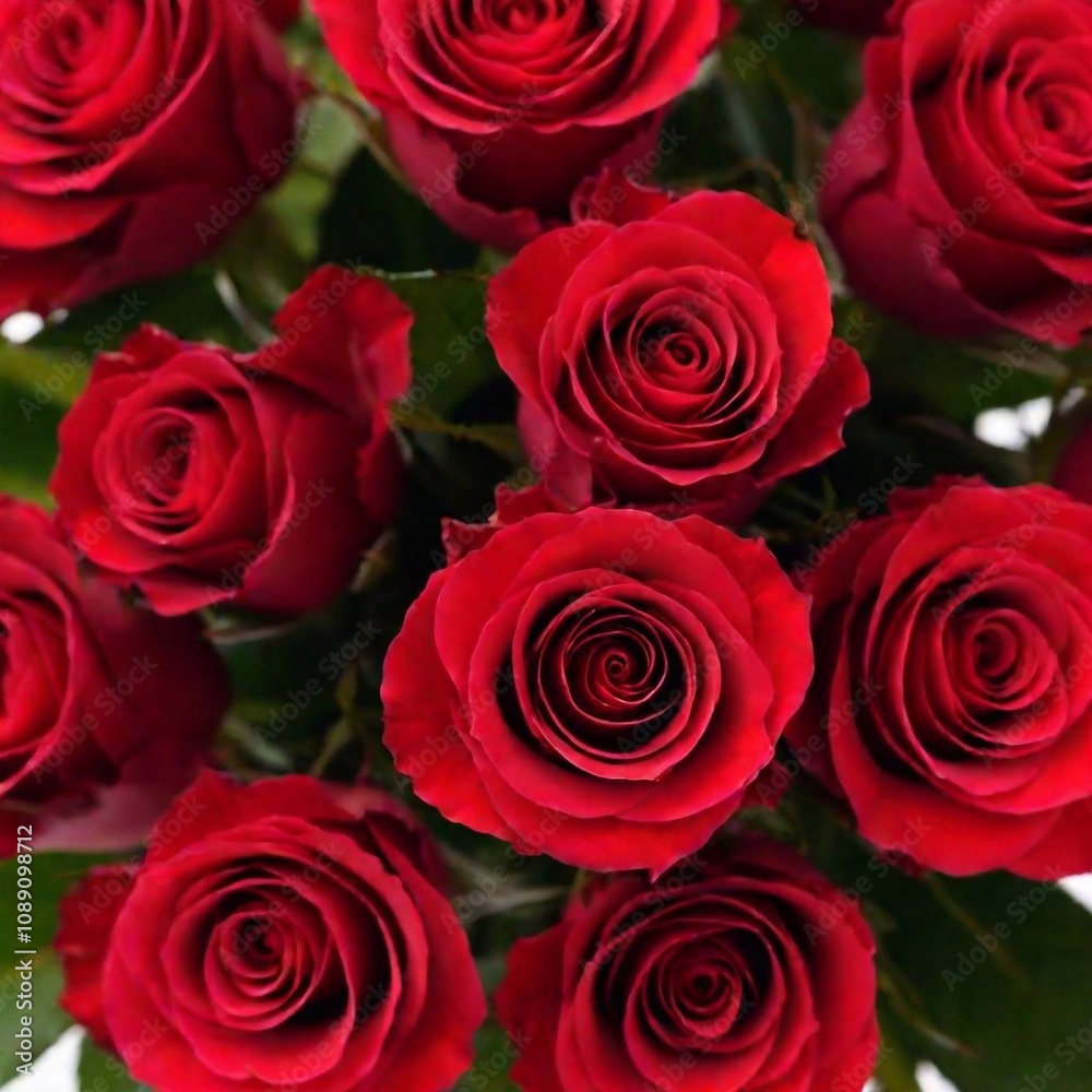 A high-resolution photograph capturing an ultra-realistic close-up of a bouquet of vibrant red roses. Each rose is intricately detailed with velvety petals that unfurl gracefully, displaying a rich, d A high-resolution photograph capturing an ultra-realistic close-up of a bouquet of vibrant red roses. Each rose is intricately detailed with velvety petals that unfurl gracefully, displaying a rich, d