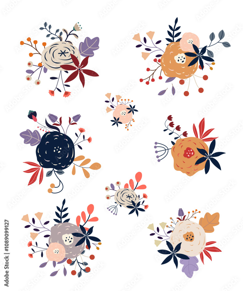 Compositions of roses and various plants. Elements of design in folk style. Vector illustration Compositions of roses and various plants. Elements of design in folk style. Vector illustration