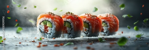 Fresh salmon sushi rolls, artfully arranged, create a stunning culinary display photo