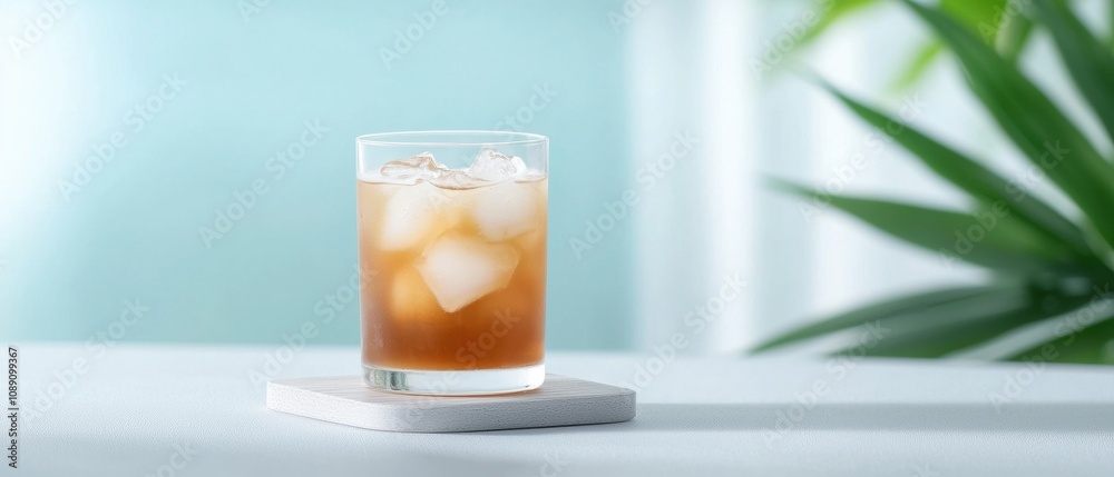 A glass of iced tea sits on a coaster on a table A glass of iced tea sits on a coaster on a table