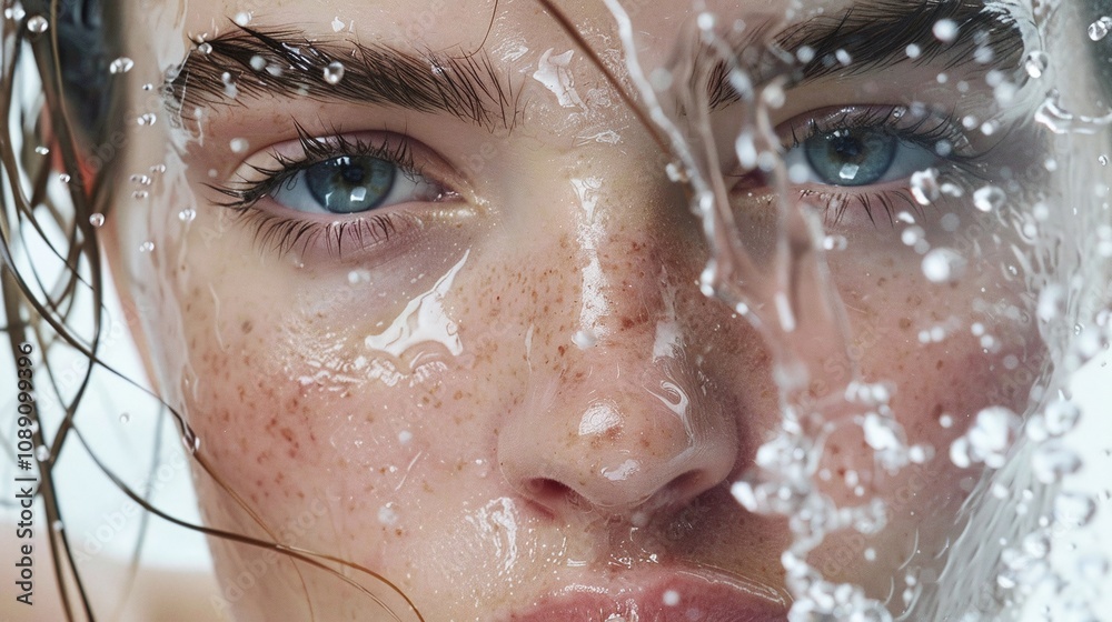 Close-up Portrait of a Young Woman with Freckles and Blue Eyes Behind Water Droplets, Emphasizing Freshness and Natural Beauty in a Studio Setting Close-up Portrait of a Young Woman with Freckles and Blue Eyes Behind Water Droplets, Emphasizing Freshness and Natural Beauty in a Studio Setting