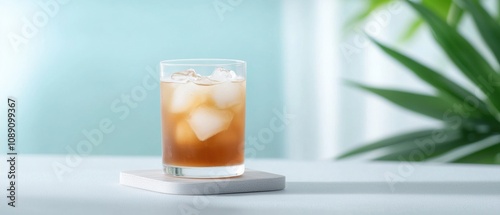 A glass of iced tea sits on a coaster on a table