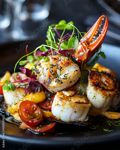 Gourmet seafood dish restaurant food photography elegant setting close-up culinary art