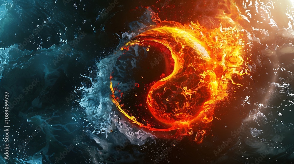 A dynamic representation of fire and water merging, symbolizing balance and duality in nature. A dynamic representation of fire and water merging, symbolizing balance and duality in nature.