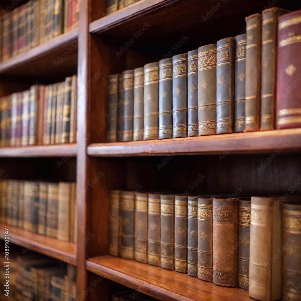 A high-resolution ultrarealistic image depicting an antique bookshelf loaded with vintage books in an old library setting. The photograph showcases a variety of leather-bound books, some with intricat A high-resolution ultrarealistic image depicting an antique bookshelf loaded with vintage books in an old library setting. The photograph showcases a variety of leather-bound books, some with intricat