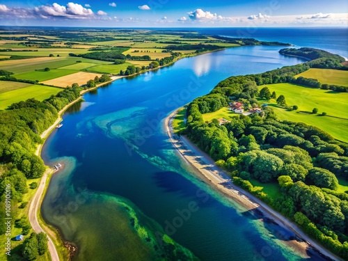 Aerial View of Idyllic Limfjord in Jegindo, Jylland, Denmark Showcasing Serene Waters, Lush Greenery, and Picturesque Landscapes Under a Clear Blue Sky
