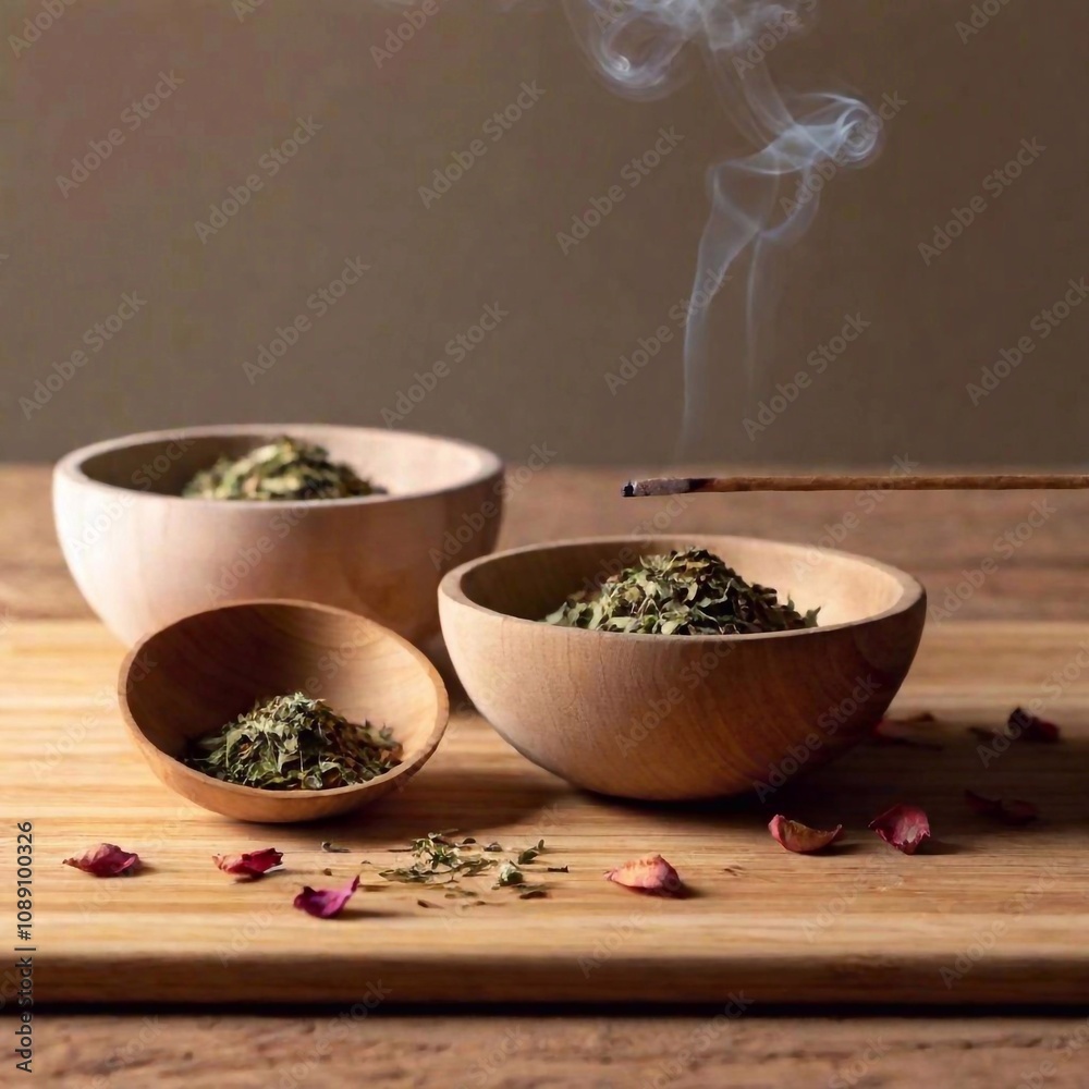 A high-resolution ultrarealistic image of a serene scene capturing the essence of tranquility. The artwork depicts a lit incense stick elegantly positioned on a wooden holder, with tendrils of aromati A high-resolution ultrarealistic image of a serene scene capturing the essence of tranquility. The artwork depicts a lit incense stick elegantly positioned on a wooden holder, with tendrils of aromati