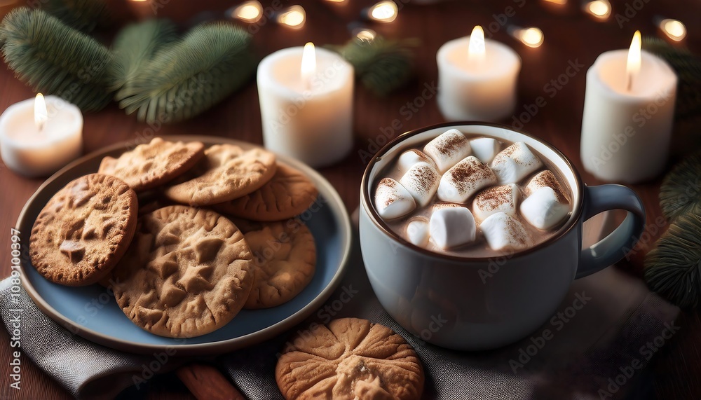 Cozy flat lay of hot cocoa with marshmallows and cookies ready for a festive holiday gathering. Generative AI Cozy flat lay of hot cocoa with marshmallows and cookies ready for a festive holiday gathering. Generative AI