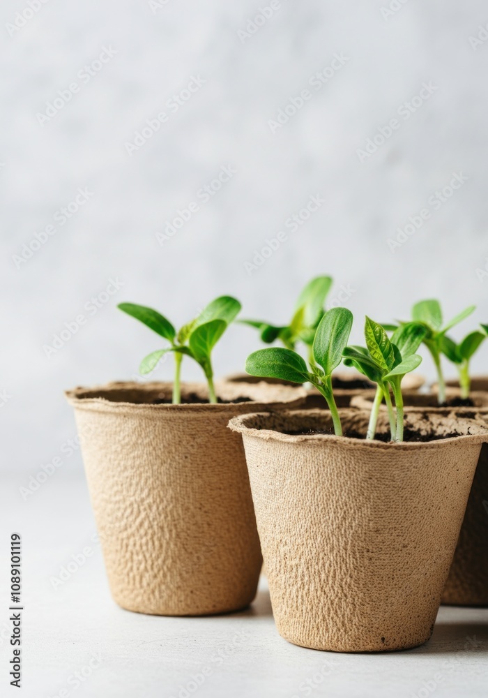 Green seedlings in biodegradable pots on light background Green seedlings in biodegradable pots on light background