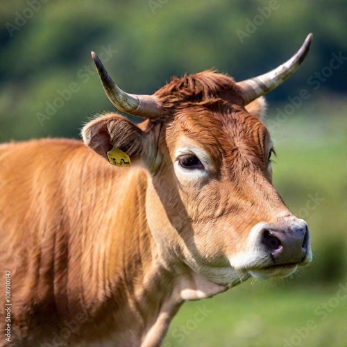 A cow's face, with deep focus showcasing its large, expressive eyes, the details of its hide, and the tiny spots and patterns around its nose