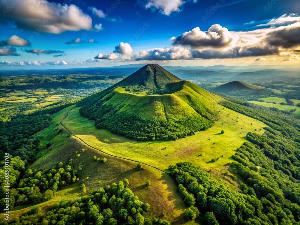 Obraz premium Aerial View of Puy Pariou Volcano in France Showcasing Lush Greenery and Scenic Landscapes, Perfect for Travel and Nature Photography Enthusiasts