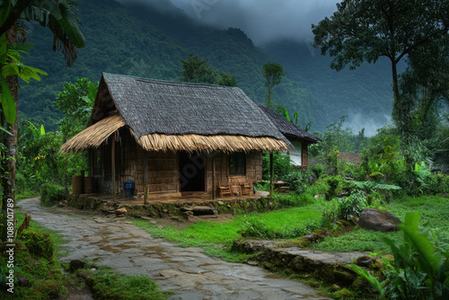 Traditional bamboo hut in lush, misty mountainous landscape, surrounded by vivid greenery and a stone path in the foreground, exuding a serene, rural atmosphere.