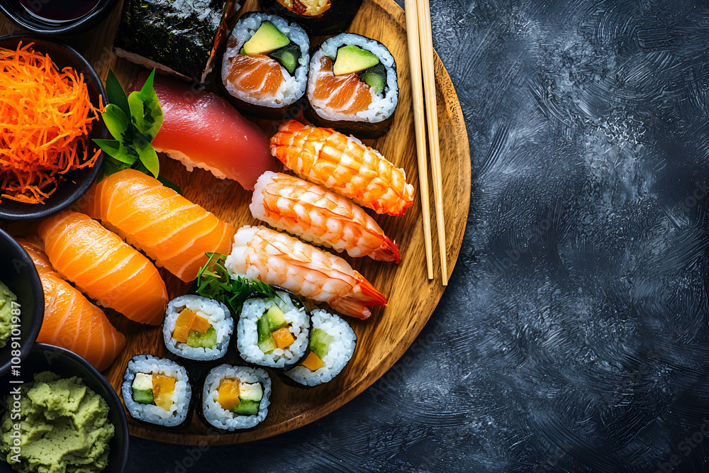 Sushi platter delight minimalist setting food photography elegant presentation top view culinary art Sushi platter delight minimalist setting food photography elegant presentation top view culinary art