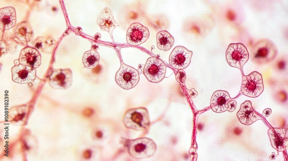 Close-Up of Fungal Infection Under Microscope with Detailed Hyphae and Spores Close-Up of Fungal Infection Under Microscope with Detailed Hyphae and Spores
