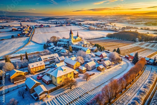 Aerial View of Stammersdorf, Vienna: Winter Wonderland in the Famous Winery Village Surrounded by Snow-Covered Vineyards and Scenic Landscapes photo