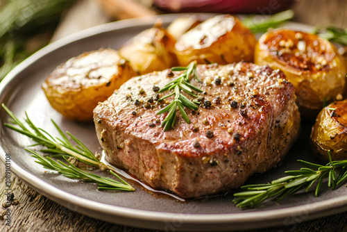 Grilled meat dish rustic setting food photography savory presentation close-up view