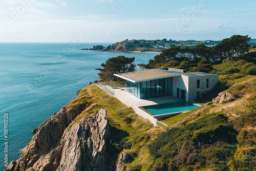 Drone shot of a modern house located on the Island of Sark. The drone in the level with the house but is far from the island so it shows the beautiful landscape.,generative ai photo