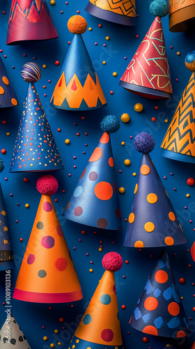 A collection of colorful party hats laid out on a surface, each with unique designs, evoking a playful and celebratory mood