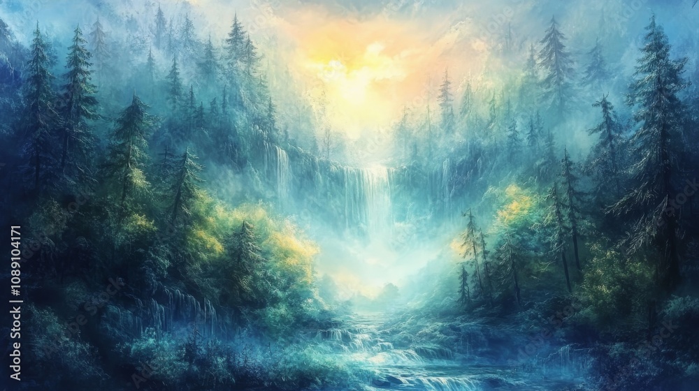 Obraz premium antasy landscape background, mystical forests, ethereal lighting, fantasy art style